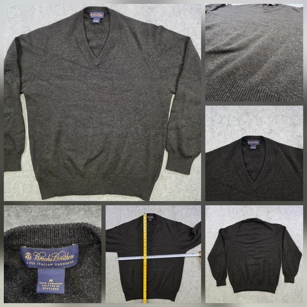 Brooks Brothers Sweater Mens Medium‎ Gray Cashmere Italian V Neck Knit Pullover